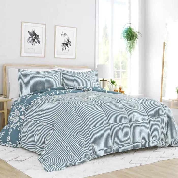 Full/Queen size 3-Piece Blue and White Reversible Floral Striped Comforter Set by HomePacific