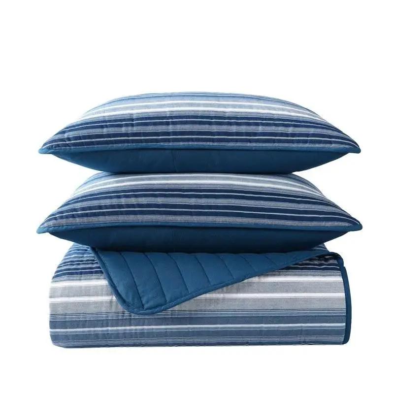 Full/Queen Size Coastal Blue Stripe Reversible Cotton Quilt Set by HomePacific