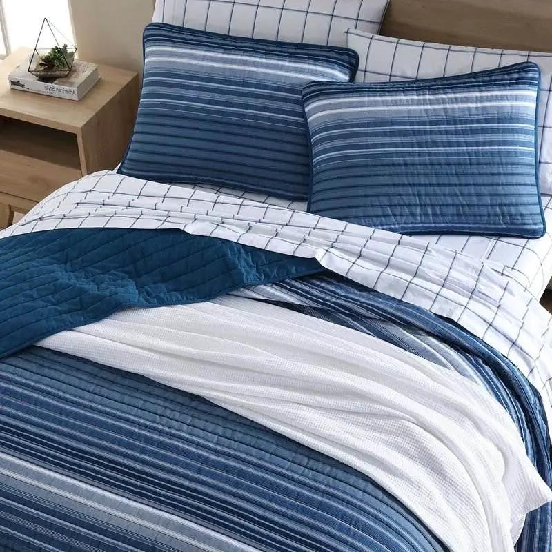 Full/Queen Size Coastal Blue Stripe Reversible Cotton Quilt Set by HomePacific