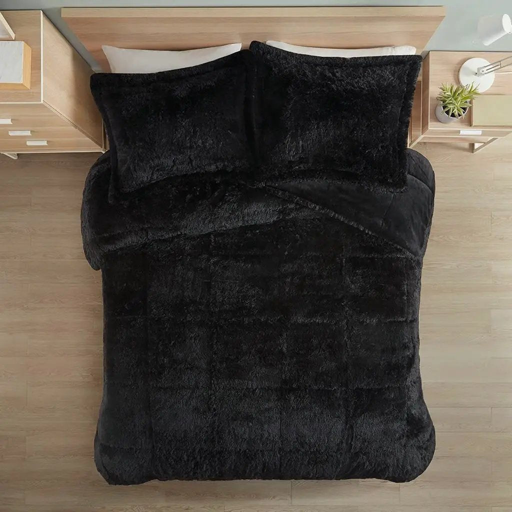 Full/Queen Black Soft Sherpa Faux Fur 3-Piece Comforter Set with Pillow Shams by HomePacific