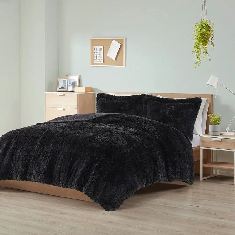 Full/Queen Black Soft Sherpa Faux Fur 3-Piece Comforter Set with Pillow Shams by HomePacific
