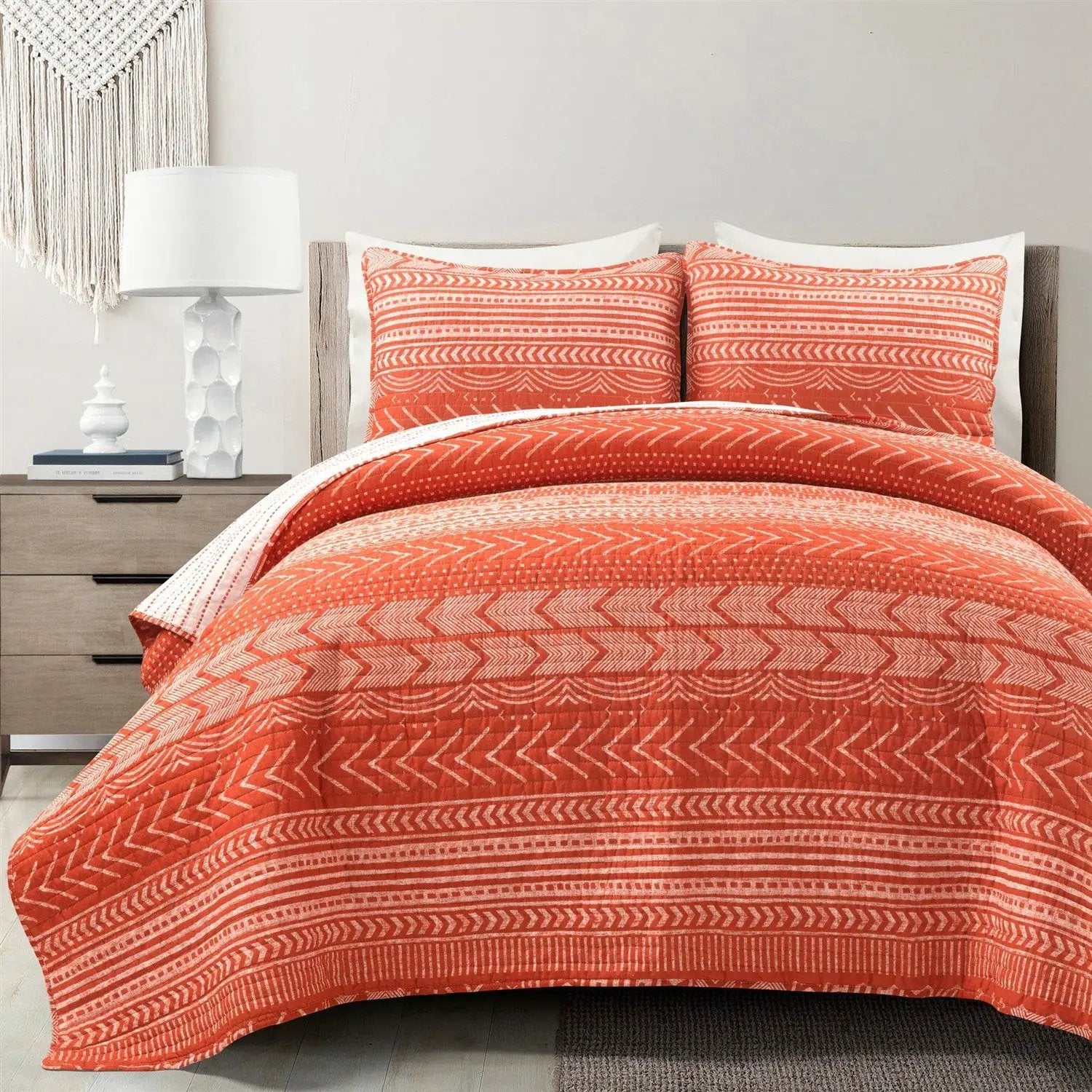 Full/Queen Scandinavian Chevron Orange White Stripe Reversible Cotton Quilt Set by HomePacific