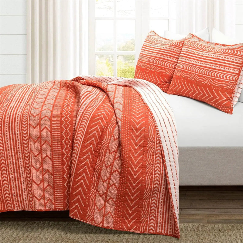 Full/Queen Scandinavian Chevron Orange White Stripe Reversible Cotton Quilt Set by HomePacific