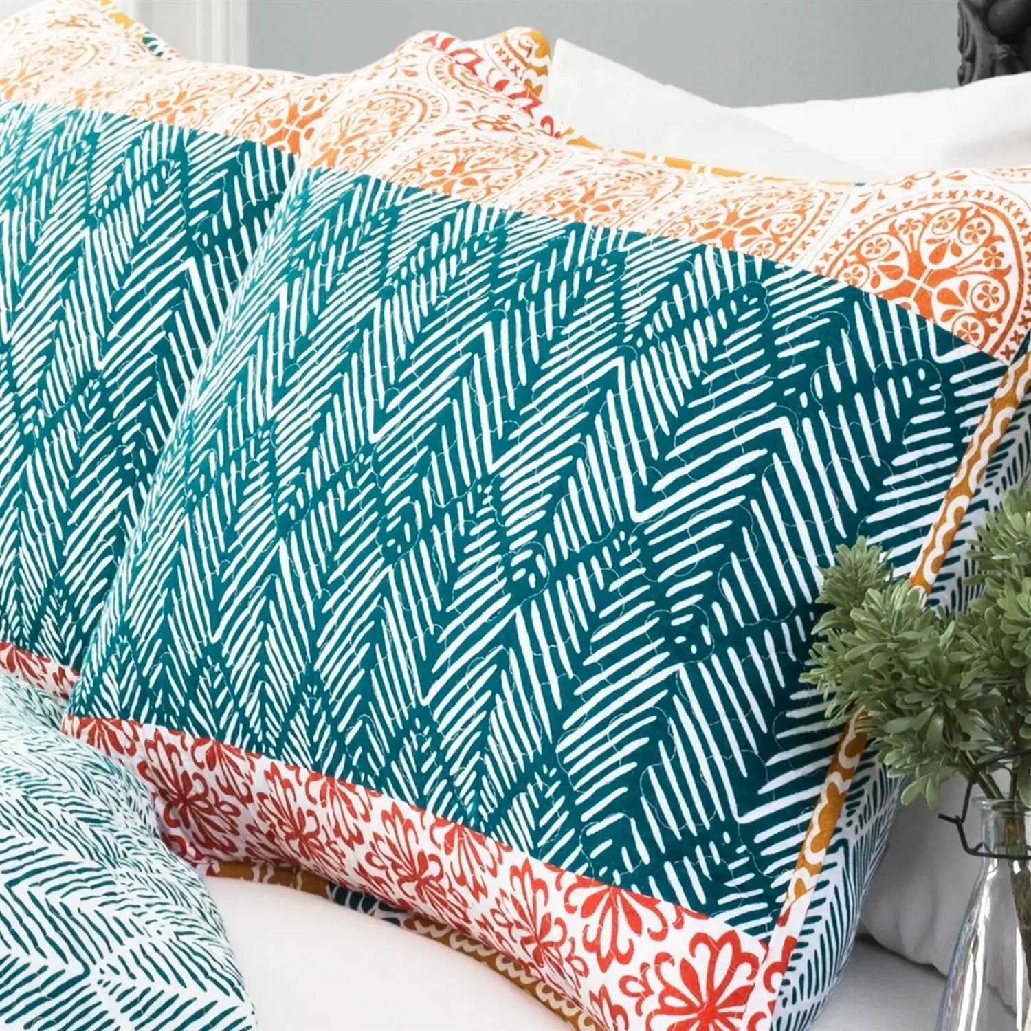 Full/Queen size Cotton 3 Piece Reversible Teal Orange Bohemian Stripe Quilt Set by HomePacific