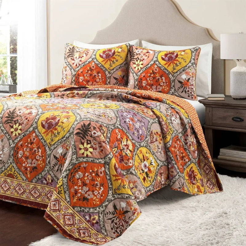 Full/Queen Boho Floral Lightweight Cotton Orange Mauve 3-Piece Quilt Set by HomePacific