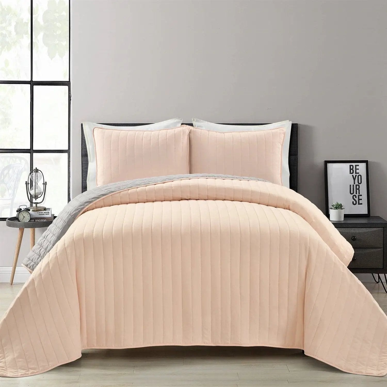 Full/Queen Soft Reversible Lightweight Quilt Set in Rose Blush Pink and Grey by HomePacific
