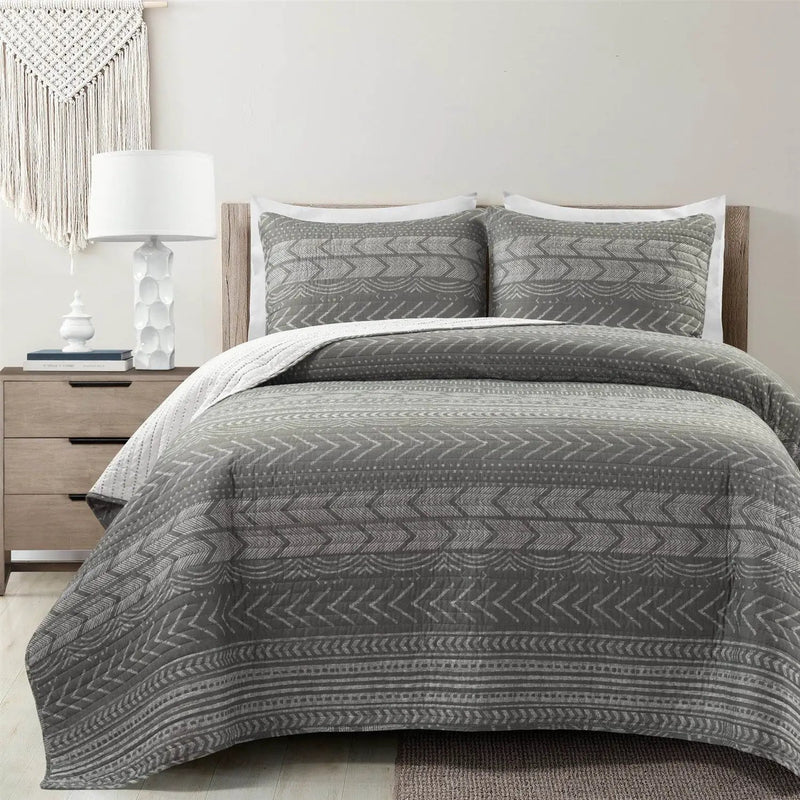 Full/Queen Scandinavian Dark Grey Chevron Reversible Cotton Quilt Set by HomePacific