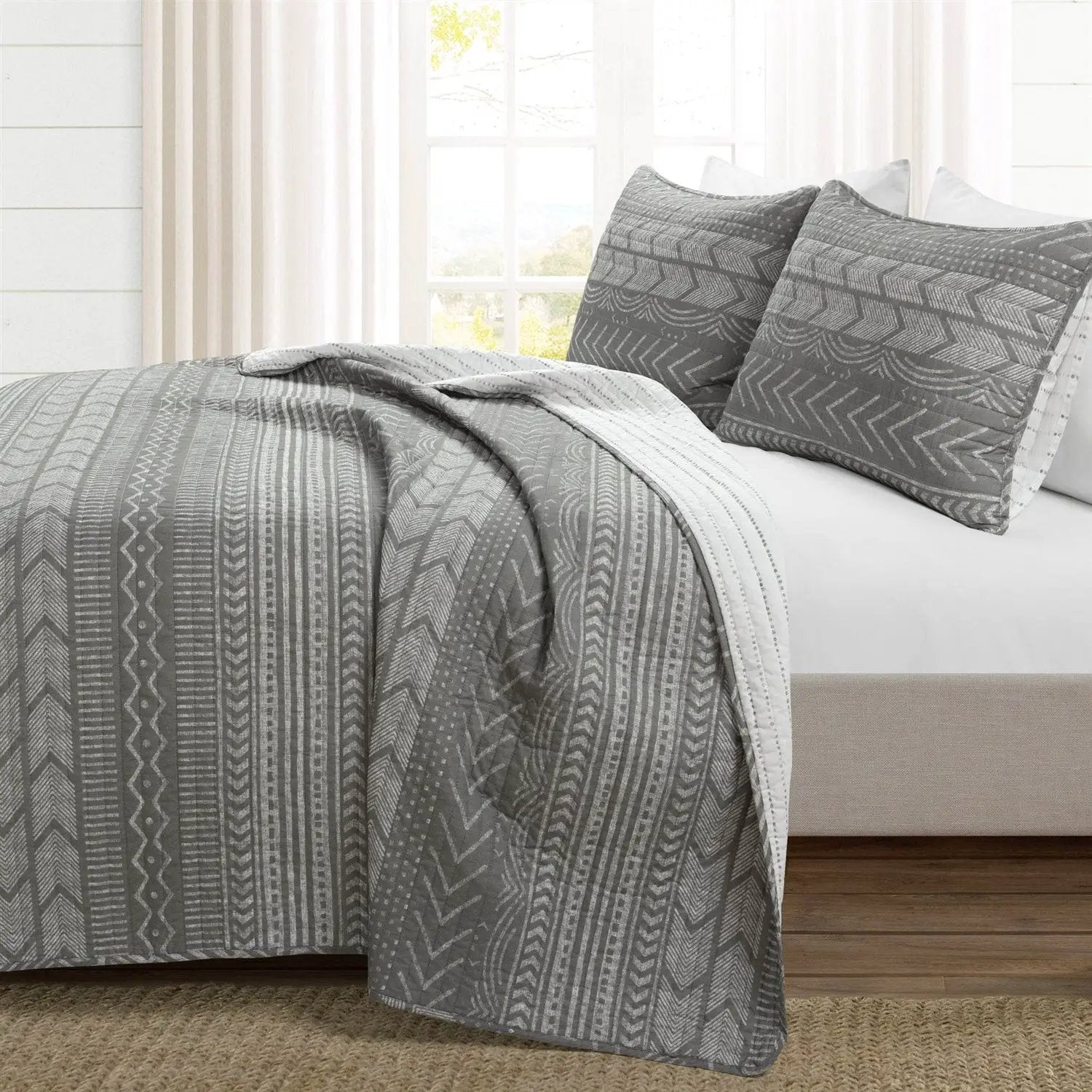 Full/Queen Scandinavian Dark Grey Chevron Reversible Cotton Quilt Set by HomePacific