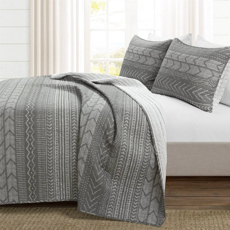 Full/Queen Scandinavian Dark Grey Chevron Reversible Cotton Quilt Set by HomePacific