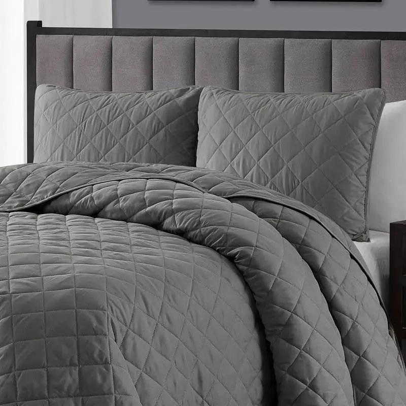 Full/Queen 3-Piece Dark Grey Polyester Microfiber Diamond Quilted Quilt Set by HomePacific