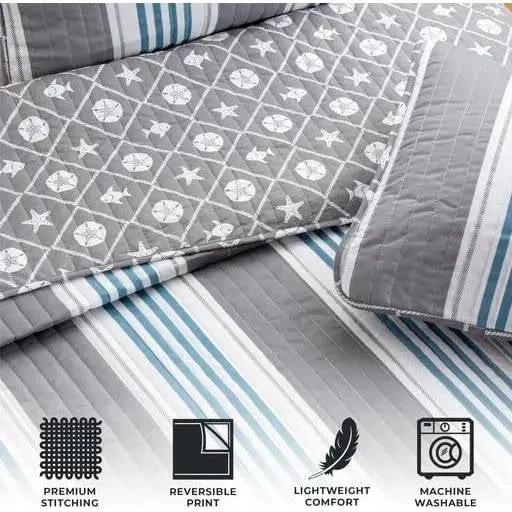 Full/Queen 3 Piece Coastal Starfish Sand Dollar Grey Blue White Quilt Set by HomePacific