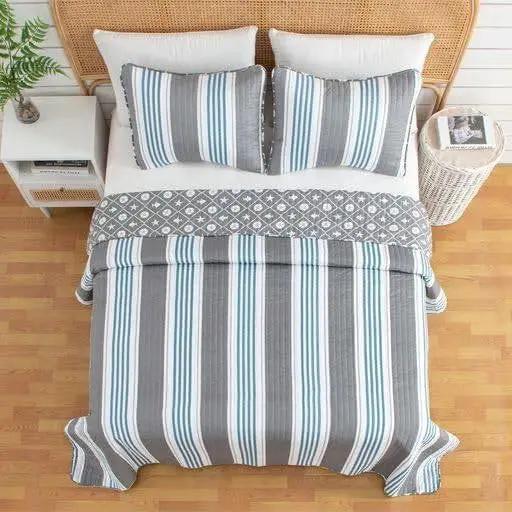 Full/Queen 3 Piece Coastal Starfish Sand Dollar Grey Blue White Quilt Set by HomePacific