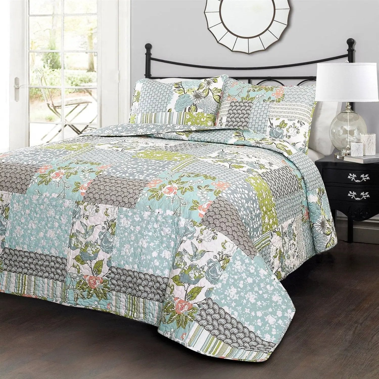 Full/Queen Boho Floral Blue Cotton Lightweight Quilt Set by HomePacific