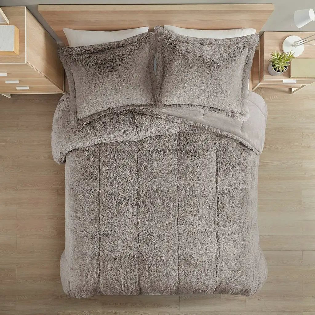 Full/Queen Grey Soft Sherpa Faux Fur 3-Piece Comforter Set with Pillow Shams by HomePacific