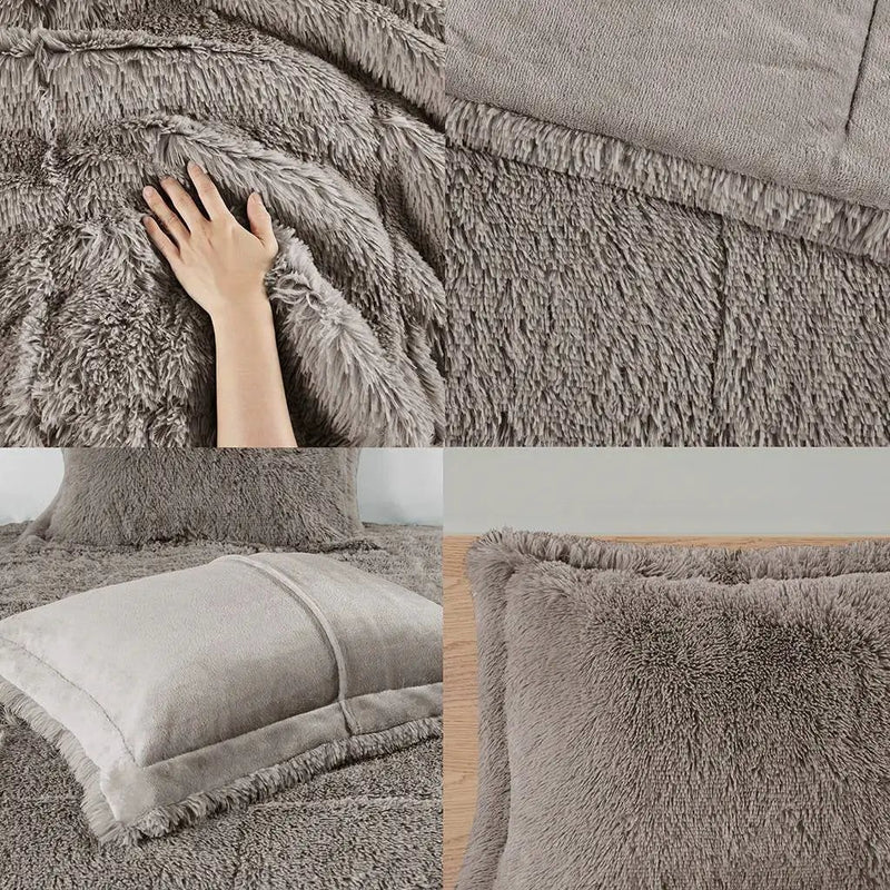Full/Queen Grey Soft Sherpa Faux Fur 3-Piece Comforter Set with Pillow Shams by HomePacific