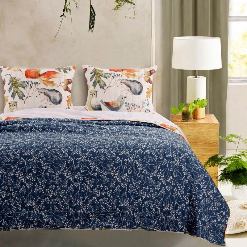 Full/Queen Blue Beige Birds Animals Floral Microfiber Reversible Quilt Set by HomePacific