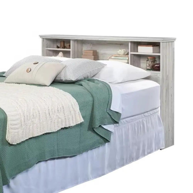 Full / Queen size Farmhouse Bookcase Headboard in Grey White Wood Finish by HomePacific