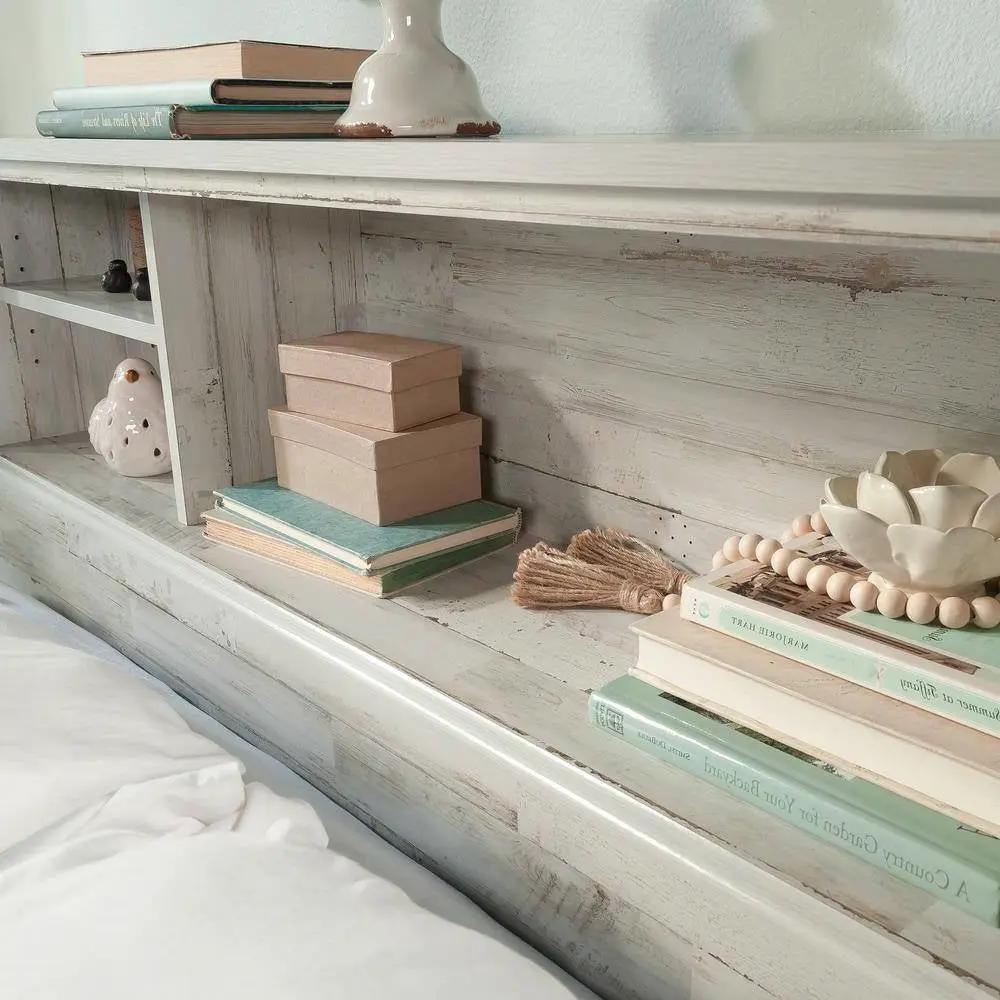 Full / Queen size Farmhouse Bookcase Headboard in Grey White Wood Finish by HomePacific
