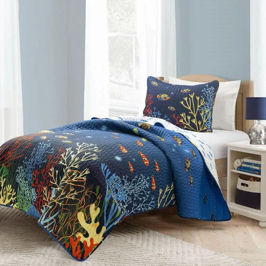 Full/Queen 3 Piece Ocean Navy Blue Clown Fish Coral Reef Reversible Quilt Set by HomePacific