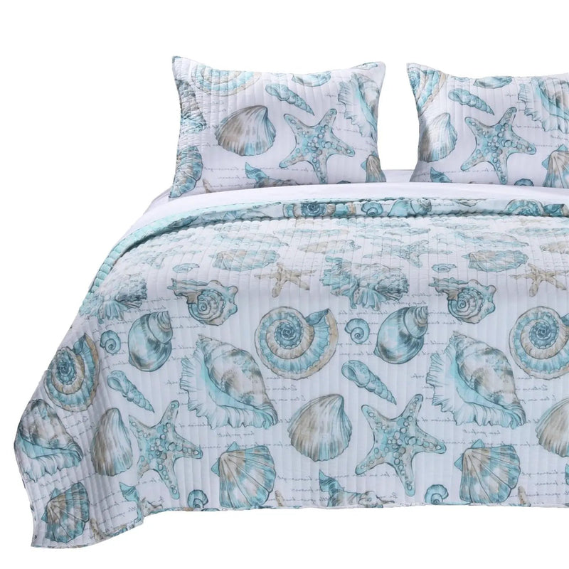 Full / Queen Coastal Seashells White Teal 3 Piece Polyester Reversible Quilt Set by HomePacific