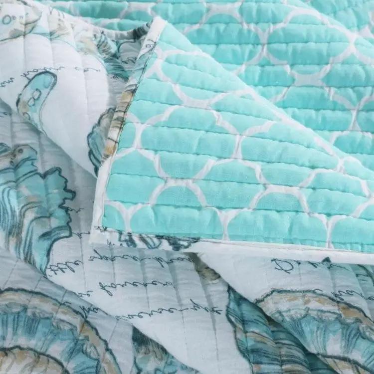 Full / Queen Coastal Seashells White Teal 3 Piece Polyester Reversible Quilt Set by HomePacific