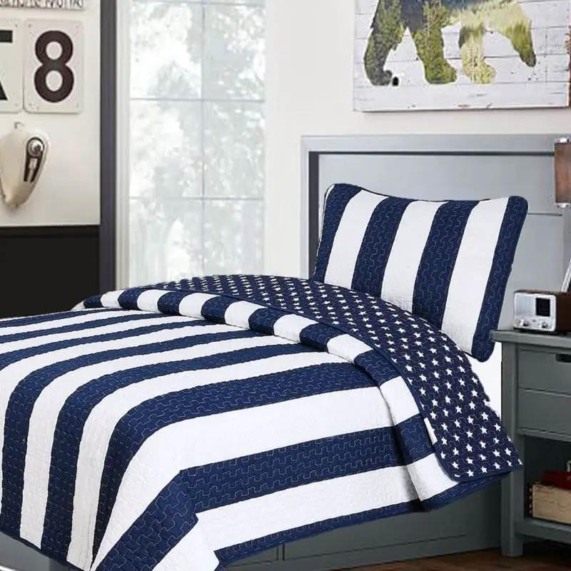 Full/Queen 3 Piece Navy Blue White Stars Stripes 100-Percent Cotton Quilt Set by HomePacific