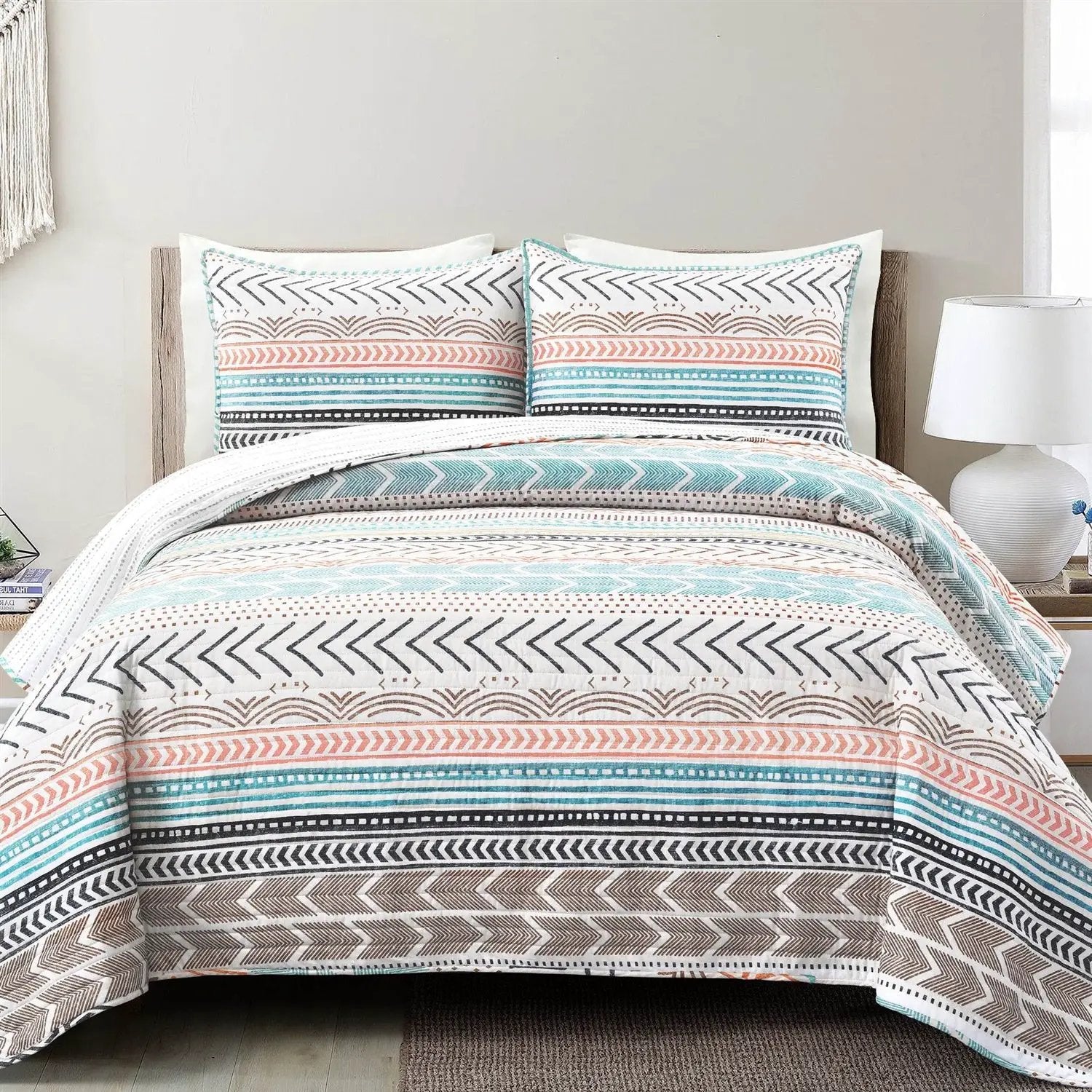 King Scandinavian Chevron Teal White Orange Brown Reversible Cotton Quilt Set by HomePacific