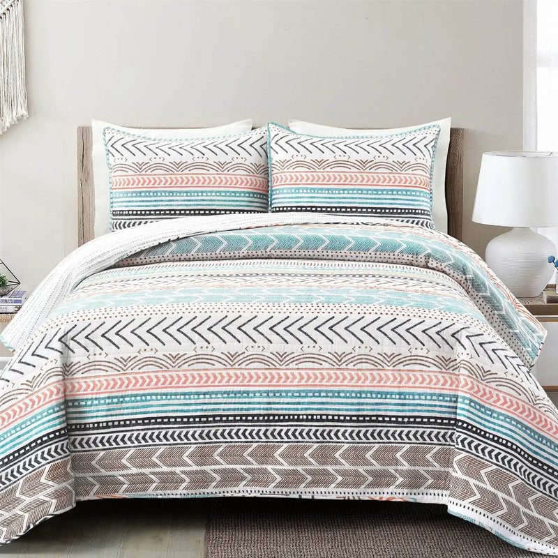 King Scandinavian Chevron Teal White Orange Brown Reversible Cotton Quilt Set by HomePacific