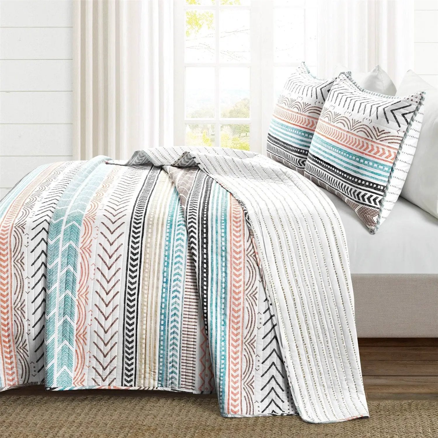King Scandinavian Chevron Teal White Orange Brown Reversible Cotton Quilt Set by HomePacific