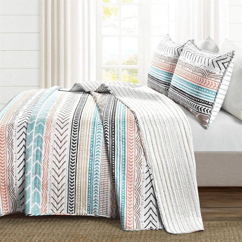 King Scandinavian Chevron Teal White Orange Brown Reversible Cotton Quilt Set by HomePacific