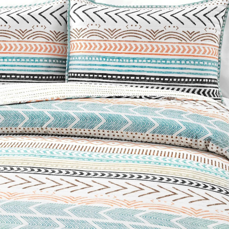 King Scandinavian Chevron Teal White Orange Brown Reversible Cotton Quilt Set by HomePacific