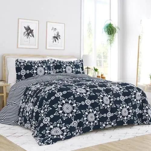 Full/Queen size 3-Piece Navy Blue White Reversible Floral Striped Comforter Set by HomePacific