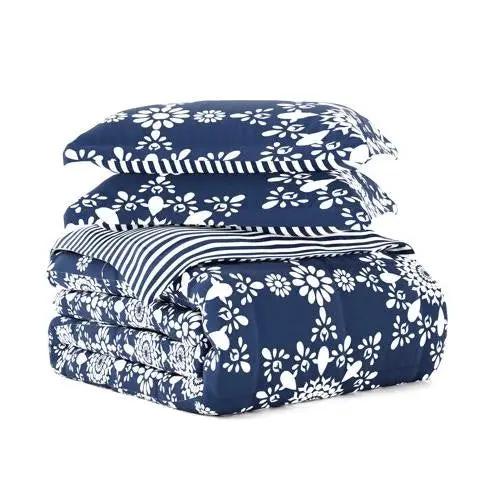Full/Queen size 3-Piece Navy Blue White Reversible Floral Striped Comforter Set by HomePacific