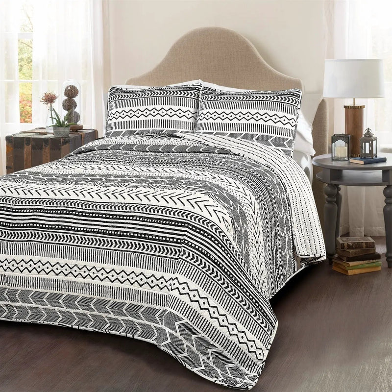 3 Piece Scandinavian Black White Reversible Cotton Set in Full/Queen by HomePacific