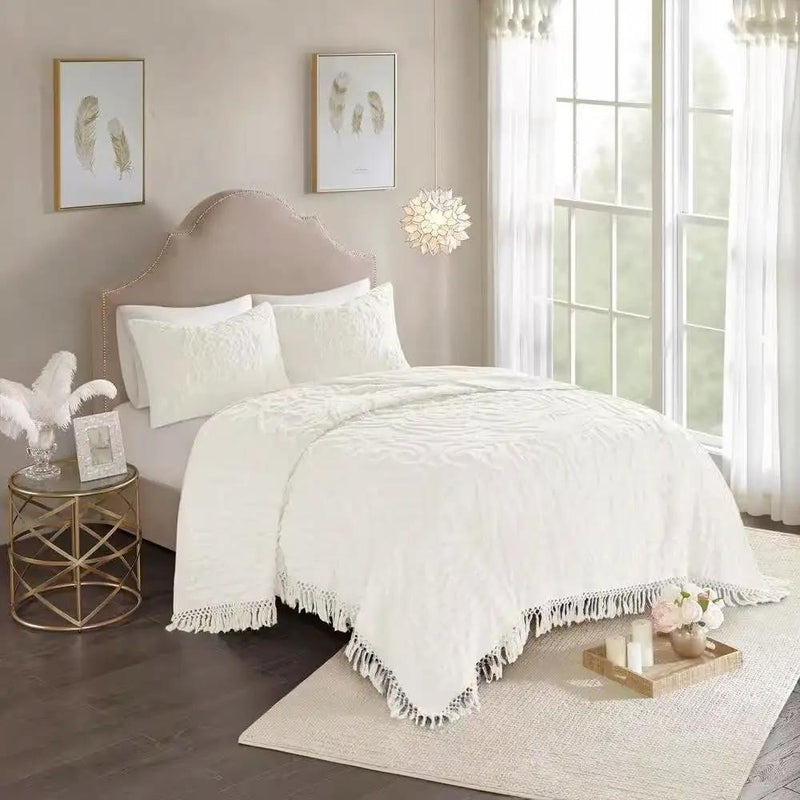 Full/Queen 100-Percent Cotton Chenille Bedspread with Fringe Hem in Off-White by HomePacific