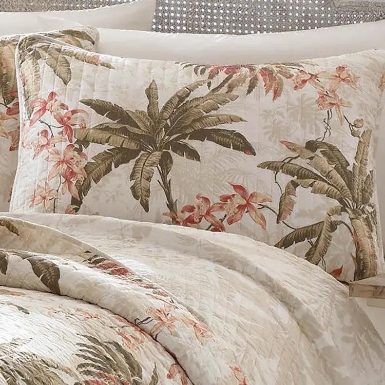 Full / Queen Cotton Coastal Palm Tree Floral 3 Piece Reversible Quilt Set by HomePacific