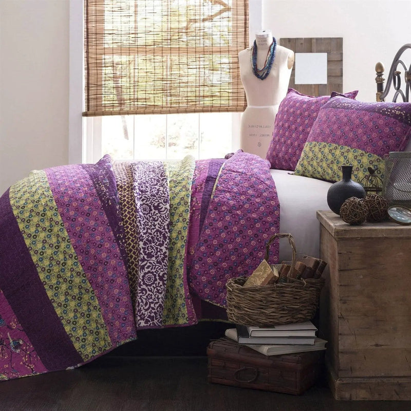 Full/Queen Vibrant Purple Yellow Boho Floral Reversible Lightweight Quilt Set by HomePacific