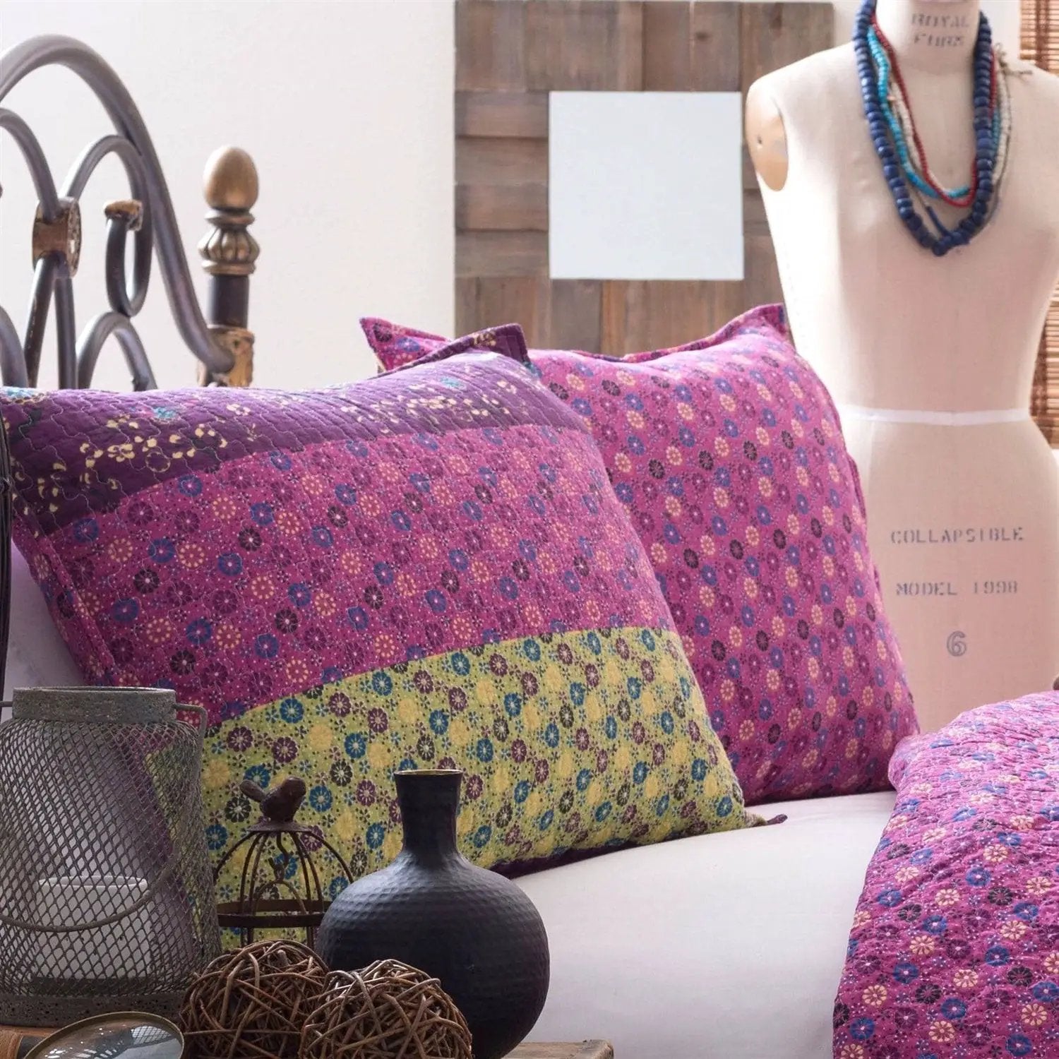 Full/Queen Vibrant Purple Yellow Boho Floral Reversible Lightweight Quilt Set by HomePacific