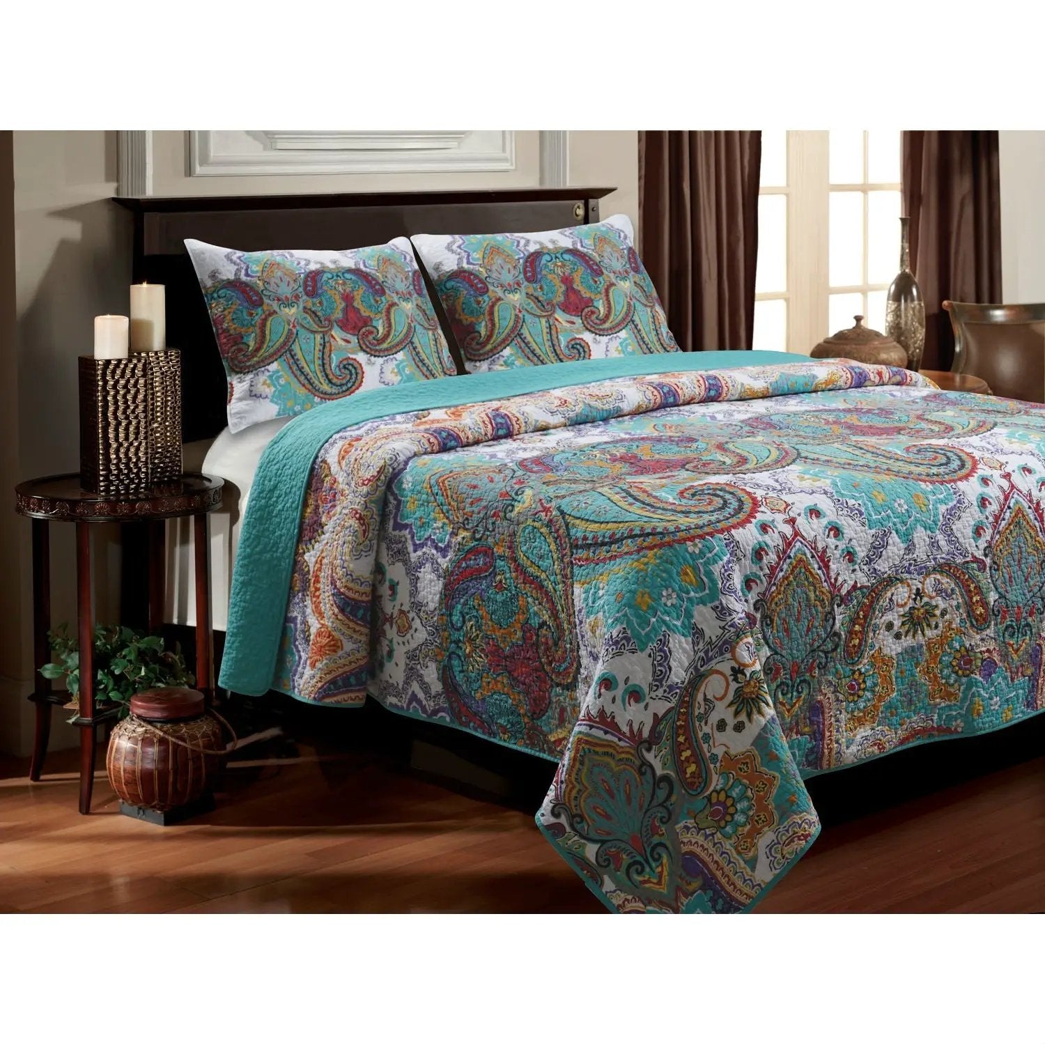 Full / Queen Teal Paisley 3-Piece Quilt Set in 100-Percent Cotton by HomePacific