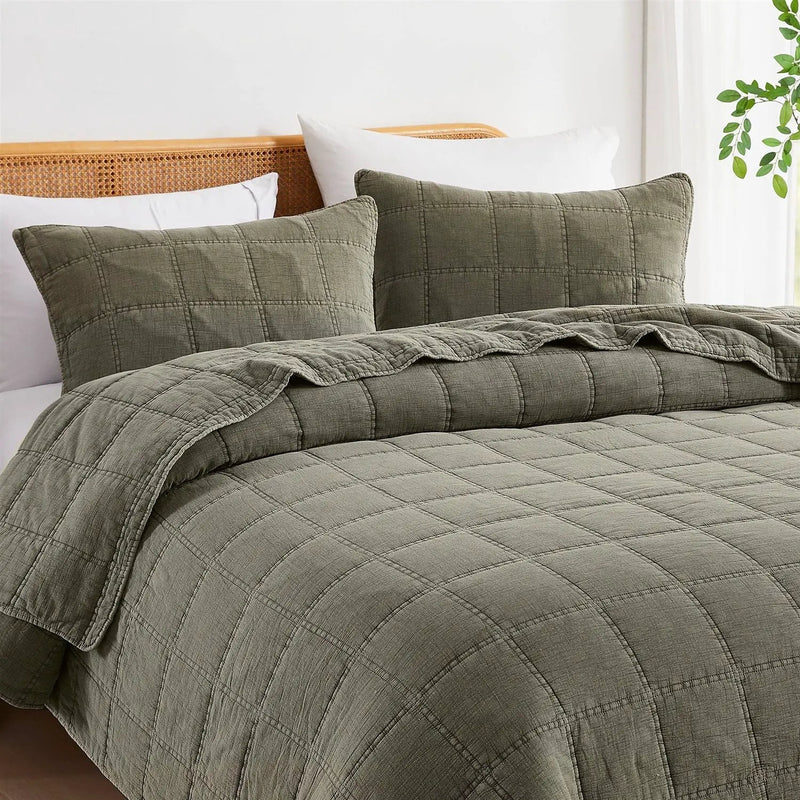 Full/Queen 3 Piece Cotton Faded Stone Washed Lightweight Quilt Set Green by HomePacific