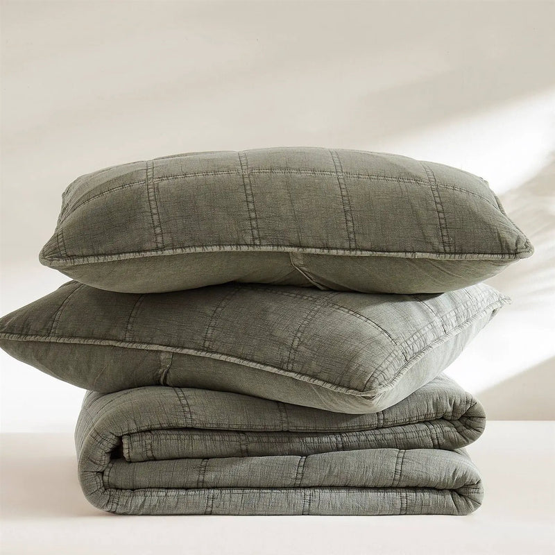 Full/Queen 3 Piece Cotton Faded Stone Washed Lightweight Quilt Set Green by HomePacific