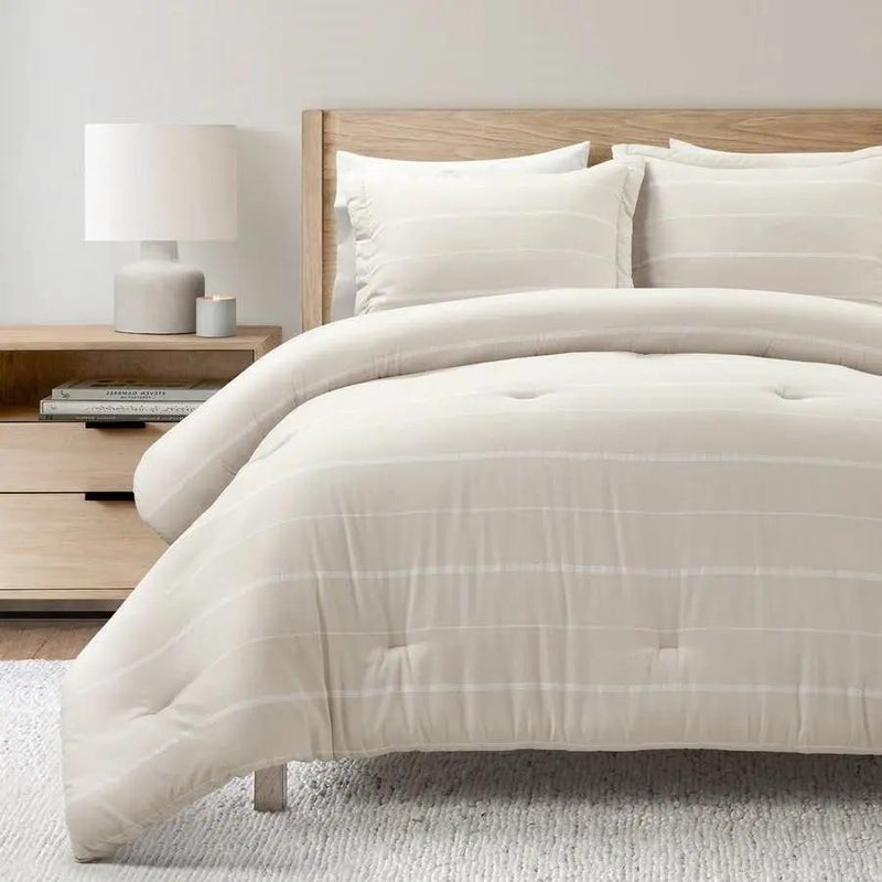 Full/Queen Beige Off-White Stripe Lightweight 3-Piece Comforter Set by HomePacific