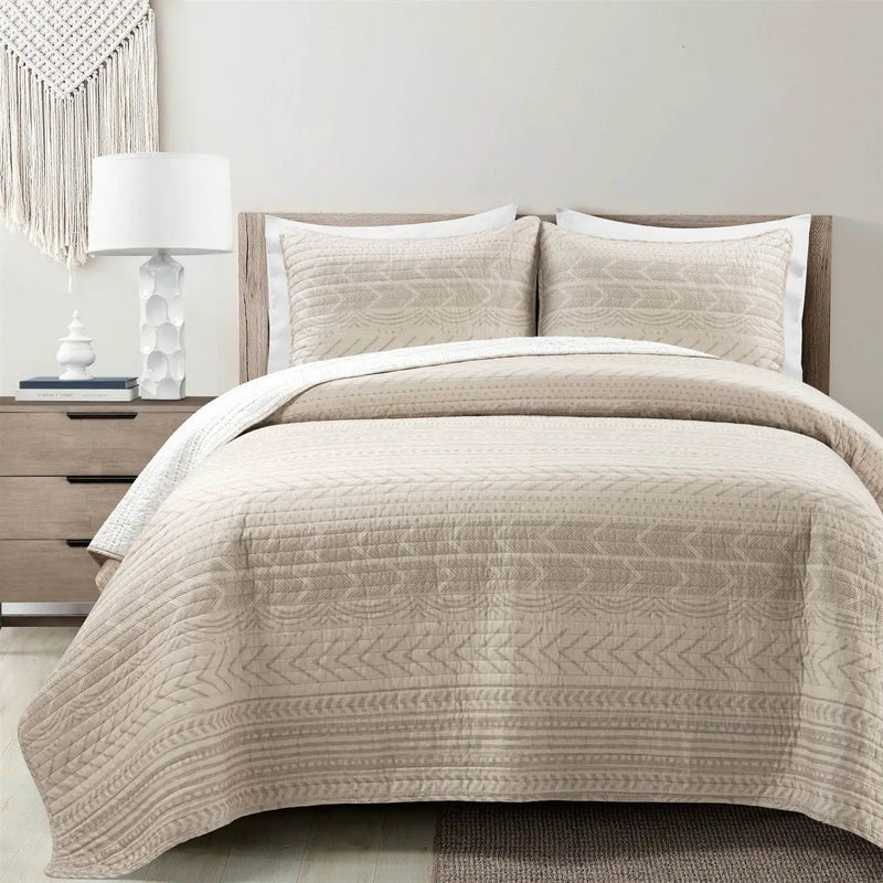 Full/Queen Scandinavian Chevron Beige Tan Reversible Cotton Quilt Set by HomePacific