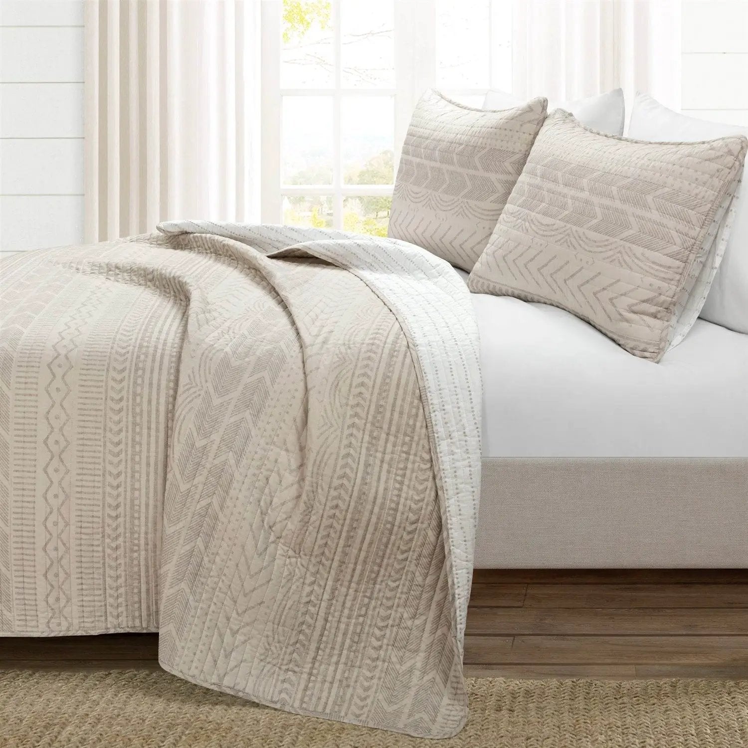 Full/Queen Scandinavian Chevron Beige Tan Reversible Cotton Quilt Set by HomePacific