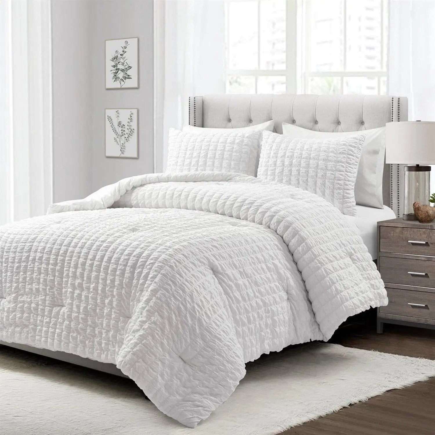 Full/Queen Crinkled Texture Microfiber 3 Piece Comforter Set White by HomePacific