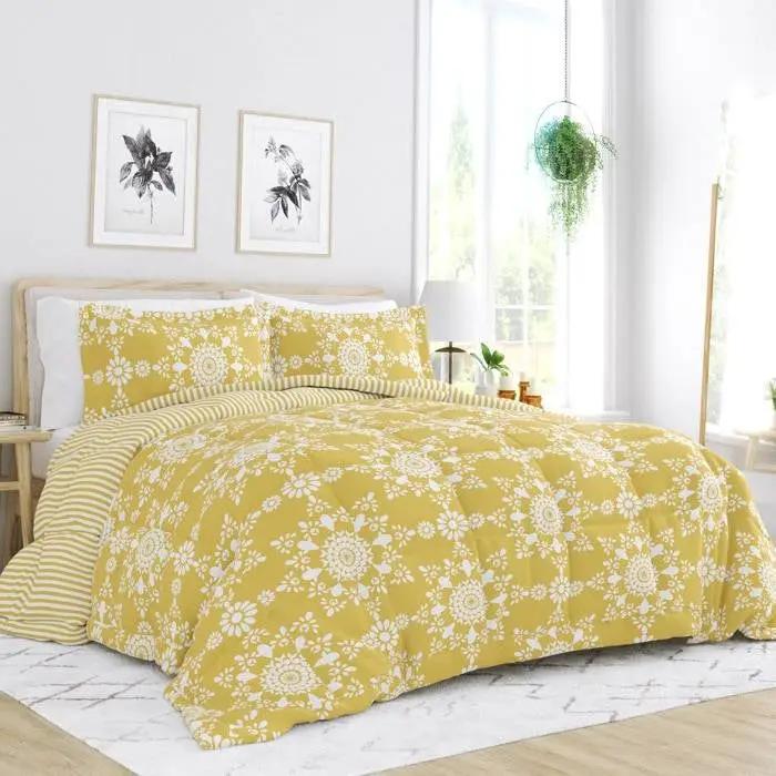 Full/Queen size 3-Piece Yellow White Reversible Floral Striped Comforter Set by HomePacific