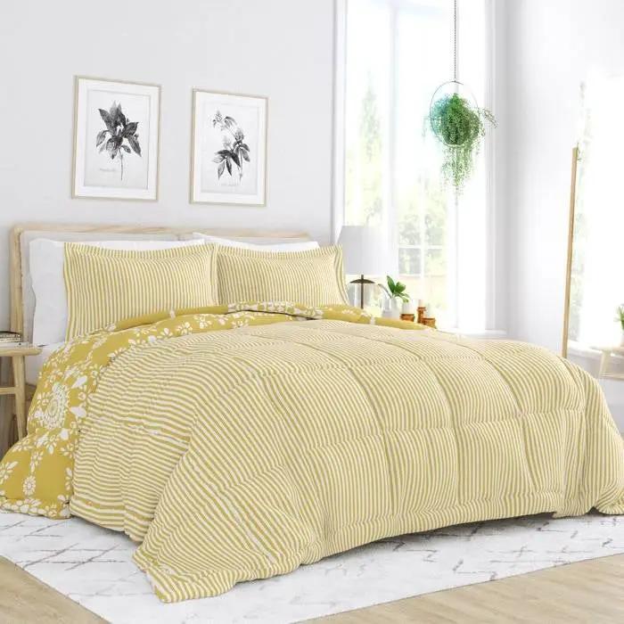 Full/Queen size 3-Piece Yellow White Reversible Floral Striped Comforter Set by HomePacific