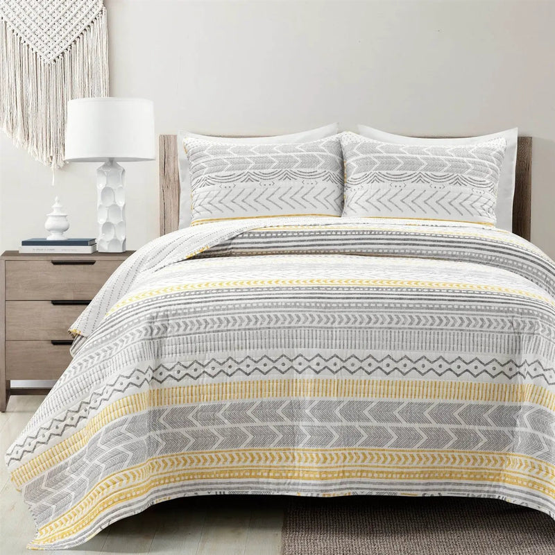 Full/Queen Scandinavian Grey/Yellow Reversible Cotton Quilt Set by HomePacific