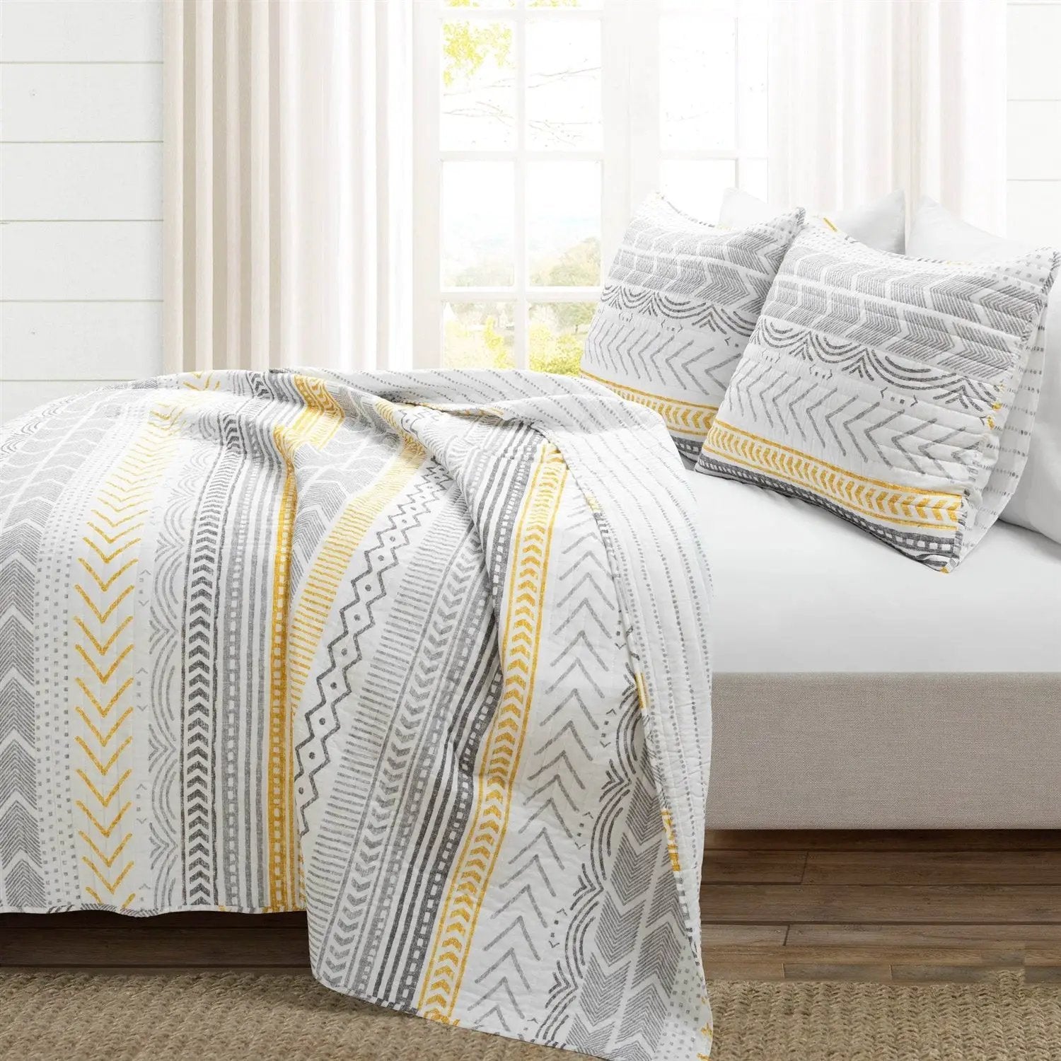 Full/Queen Scandinavian Grey/Yellow Reversible Cotton Quilt Set by HomePacific