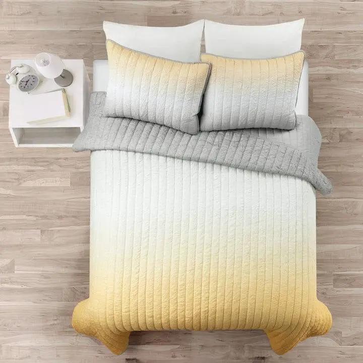 Full/Queen Yellow Orange Grey Lightweight Crinkle Fabric 3 Piece Quilt Set by HomePacific